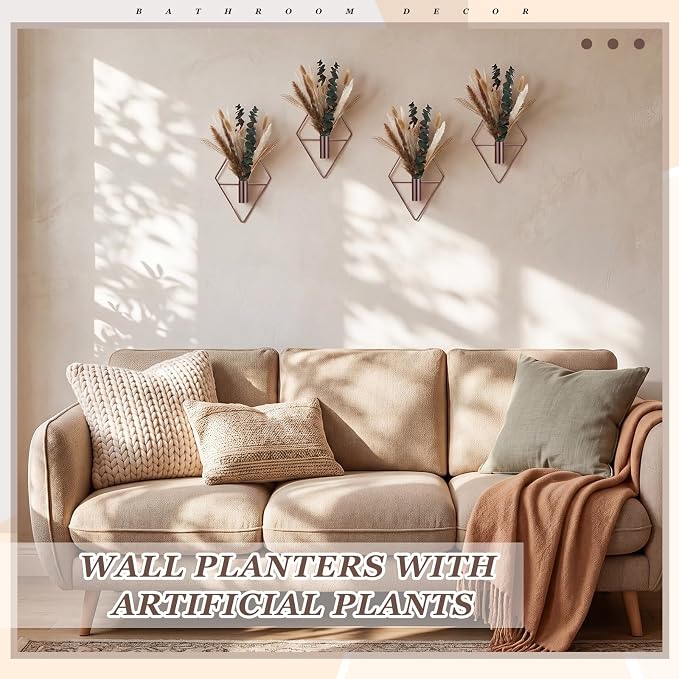 Jexine 8 Pcs Hanging Planters with Artificial Pampas Metal Hanging Vase Indoor Plants Holder Modern Geometric Boho Bathroom Wall Decor for Living Room Home Office(Bronze)