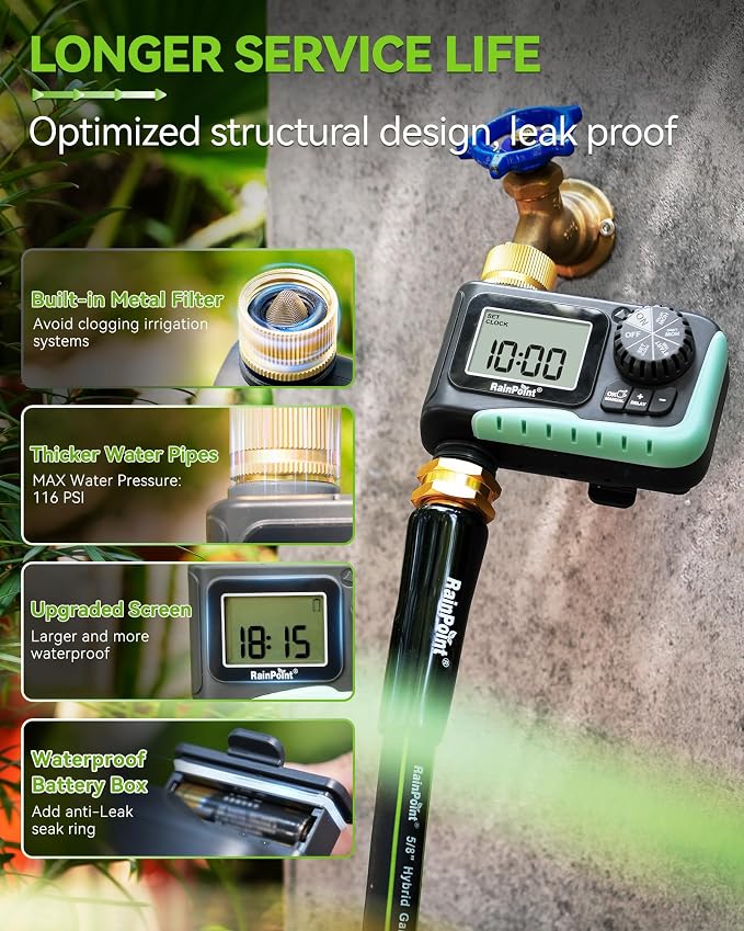 RAINPOINT Sprinkler Timer with Brass Swivel, Programmable Water Timer for Garden Hose with Rain Delay/Manual Watering, Digital Irrigation System Kit for Lawns, 1 Outlet