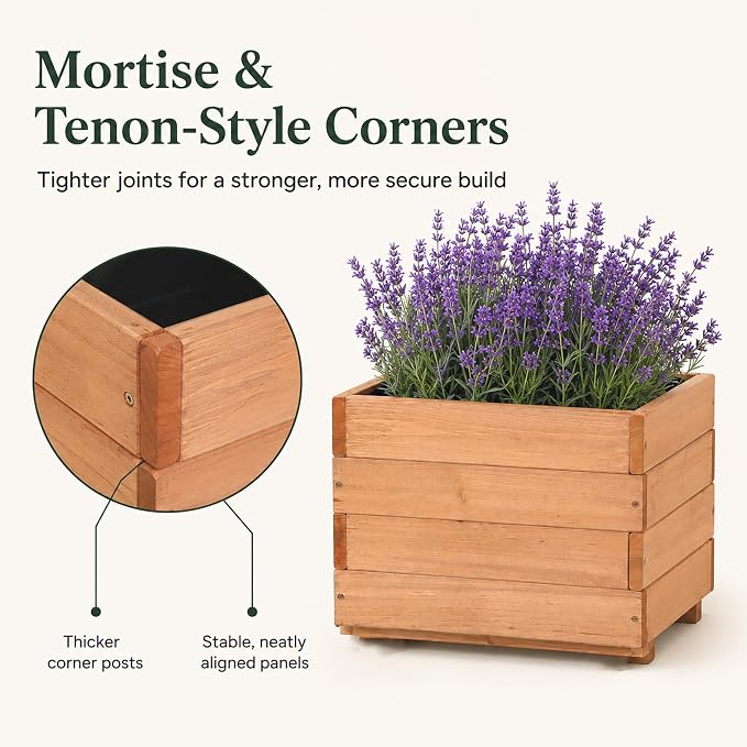 15.75" Square Wooden Planter Box, Fir Wood Planters for Outdoor Plants | 12.6" H Outdoor Planter with 2 Drainage Holes, Mortise & Tenon Corners