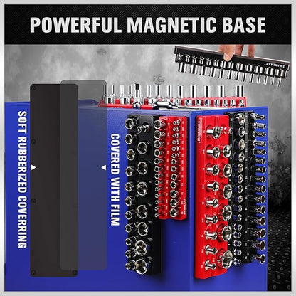 6-piece Magnetic Socket Organizer Set, Metric & SAE Drive Socket Holder, Includes 1/4", 3/8", 1/2", Holds 143 Pieces Magnetic Trays Red Black