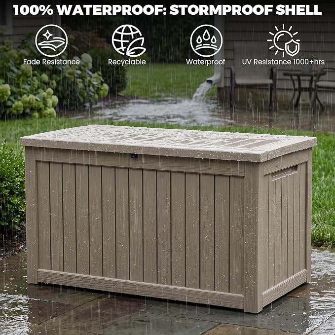 Outdoor Storage Box, 270 Gallon Waterproof Deck Box [Upgraded 3.1], Giant Resin Storage for Large Cushions, Heavy Duty Outside Lockable Bench Seat, Large Backyard Party, Grey
