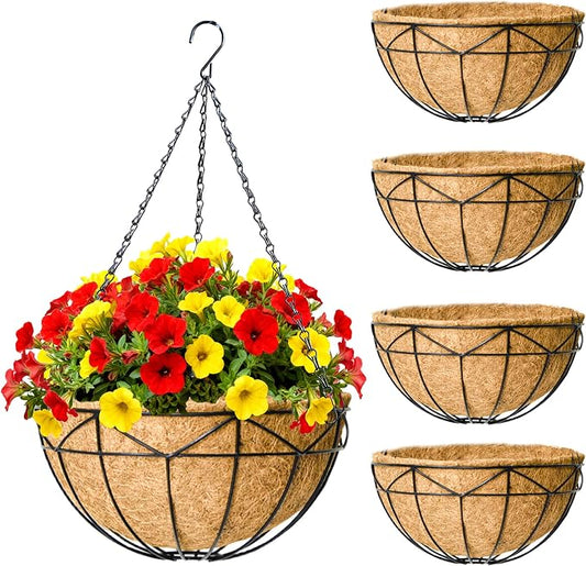4 Pack 14 Inch Black Wire Hanging Planter with Coir Fiber Outdoor Round Hanging Basket with Metal Chain for Balcony Porch Farmhouse Country Style Garden Decor (Geometric)
