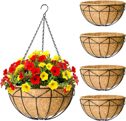 4 Pack 12 Inch Black Wire Hanging Planter with Coir Fiber Outdoor Round Hanging Basket with Metal Chain for Balcony Porch Farmhouse Country Style Garden Decor (Geometric)