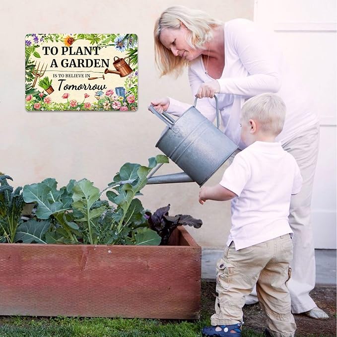 To Plant A Garden is To Believe Tomorrow Tin Signs-Funny Garden Signs for Outside,Gardening Metal Signs Perfect Gifts for Plant Lover Mothers Grandmas and Housewarming 8x12in