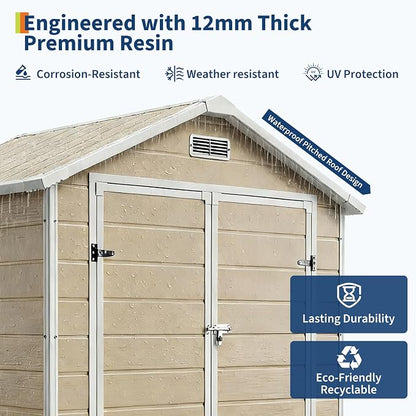 Garvee Plastic Outdoor Storage Shed with Floor, Resin Garden Shed | with Window & Sloping Roof & Lockable Door for Patio Backyard Garden, Lawn Mower, Bike, Tool Storage (Light Brown, 6' x 4')