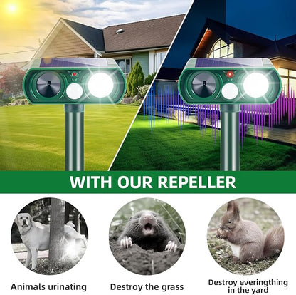 2026 Sonic Fortress Pro Deer Repellent for Plants,4 Pcs Cat Repellent Outdoor Motion Sensor Solar Animal Repellent Ultrasonic Outdoor for Squirrel Rabbit Skunk Racoon Fox Strobe Light,IP65 Waterproof