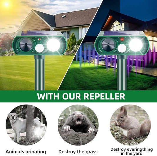 2026 Sonic Fortress Pro Deer Repellent for Plants,4 Pcs Cat Repellent Outdoor Motion Sensor Solar Animal Repellent Ultrasonic Outdoor for Squirrel Rabbit Skunk Racoon Fox Strobe Light,IP65 Waterproof