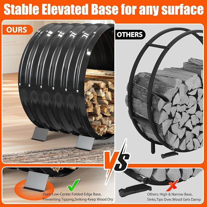 24" Firewood Rack with Roof Cover, Indoor & Outdoor Log Holder Keeps Firewood Dry, Clean & Organized for Fireplace, Patio & Backyard, Heavy-Duty Steel Wood Storage Rack, 400LBS Capacity
