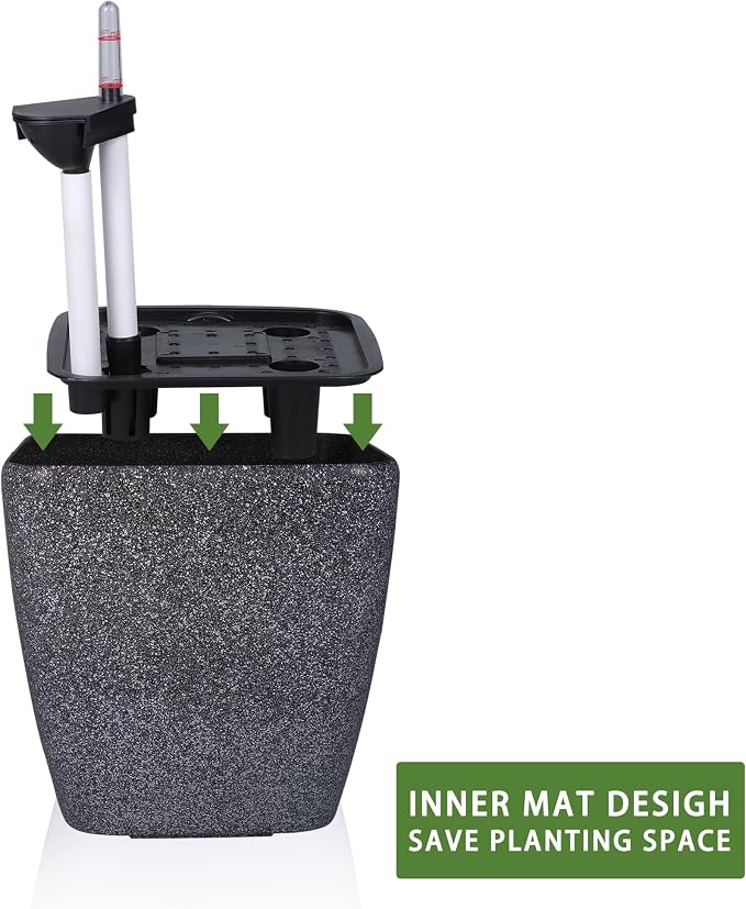 Dexceder 15x14 Self Watering Planter with Wheels (Stone Matte) | Inner Mat Design, Thickened Large Floor Standing Flower Plant Pot with Water Level Indicator Indoor Outdoor
