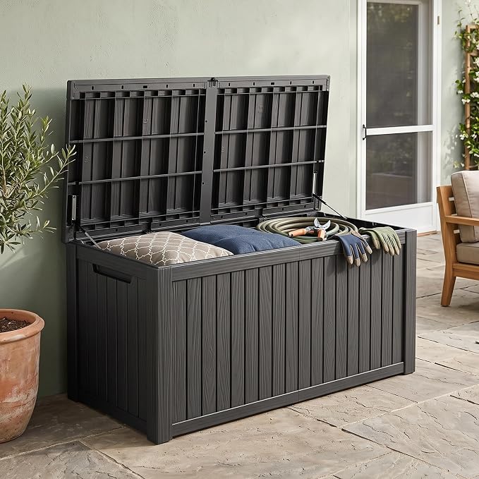 Outdoor Storage Box, 200 Gallon Waterproof Deck Box [Upgraded 3.1], Large Resin Storage with Hydraulic Lifts for King Cushions, Heavy Duty Lockable Bench Seat, Pool Deck, Black