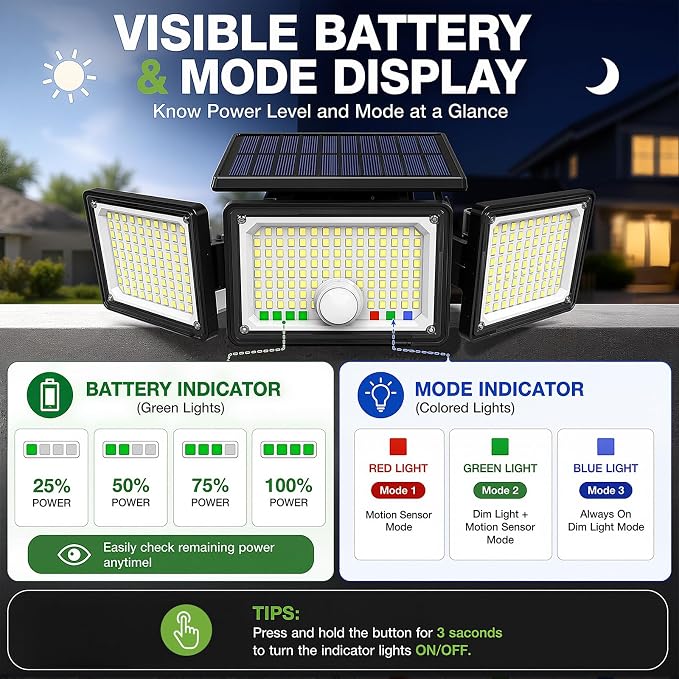 Solar Outdoor Lights Motion Sensor, 2500LM 286 LED Security Flood Lights with Visual Battery & Mode Display, 3 Lighting Modes, IP65 Waterproof 3-Head Wide Angle for Garage, Yard, Patio (2 Pack)