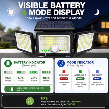 Solar Outdoor Lights Motion Sensor, 2500LM 286 LED Security Flood Lights with Visual Battery & Mode Display, 3 Lighting Modes, IP65 Waterproof 3-Head Wide Angle for Garage, Yard, Patio (4 Pack)