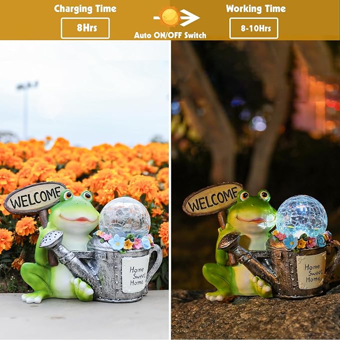 Solar Garden Outdoor Statues Frog Statues with Solar Light, Outdoor Mushroom Frog Figurines Decorations Yard Decor for Patio Balcony Lawn Ornament, Unique Housewarming Gifts for Women