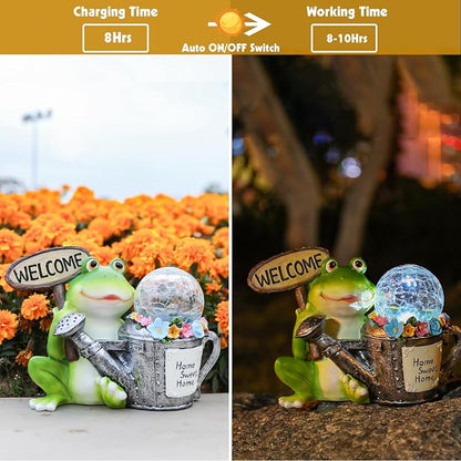 Solar Garden Outdoor Statues Frog Statues with Solar Light, Outdoor Mushroom Frog Figurines Decorations Yard Decor for Patio Balcony Lawn Ornament, Unique Housewarming Gifts for Women