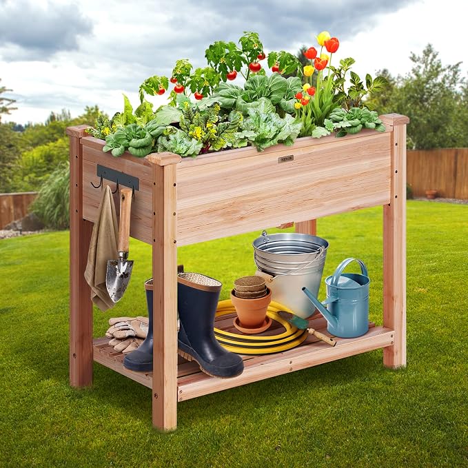 VEVOR Raised Garden Bed 34x18x30in with Sturdy Legs, High End Natural Fir Wood Planter Box Elevated Planting Stand for Backyard/Garden/Patio/Balcony w/Non -Woven Liner & 1 Set of Tool, 165lb Capacity
