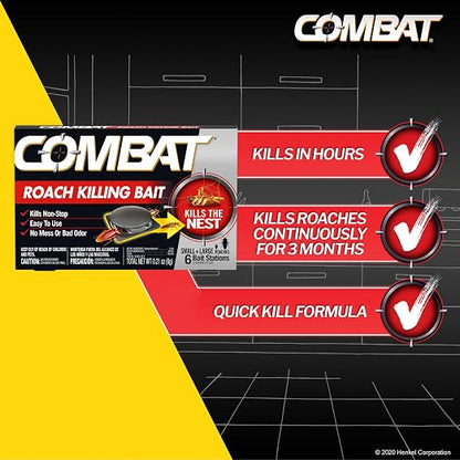 Combat Roach Killing Bait Stations for Small and Large Roaches, 6 Count (Pack of 1) Child-Resistant, Hydramethylnon Cockroach Killer & Nest Destroyer, No Vapor, Fumes or Odor, Mess-Free