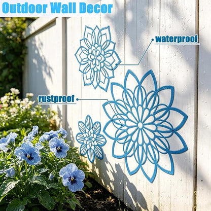 Zzbakress 3 Pieces Metal Flowers Wall Decor, Black Wall Decors Metal, Flower Art Wall Decor Farmhouse Wall Decorations Multiple Flowers Hanging Decor for Bathroom Living Room Home Kitchen Garden Office (Blue Elegant)