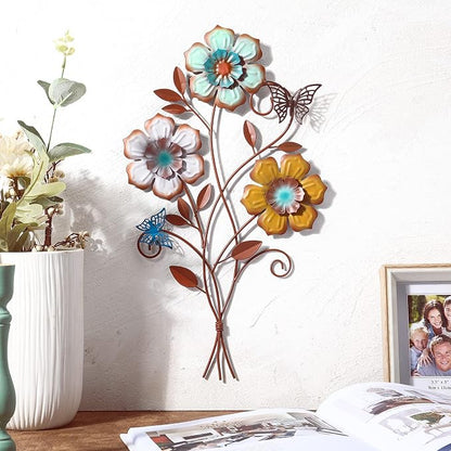 Moxweyeni Tricolor Flower Wall Decor Vintage Metal Wall Art Decor Rustic Hanging Flowers Decorative Metal Floral Art for Home Living Room Bathroom Indoor Outdoor, 15 x 9.1 Inch(2 Pieces)