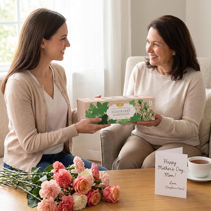 Indoor Herb Garden Starter Kit, Unique Gifts 5 Herb Garden Planter Indoor Kit with Wooden Box Including Basil, Cilantro, Thyme, Parsley, Mint, Fresh Herb Garden, Gardening Gifts for Women