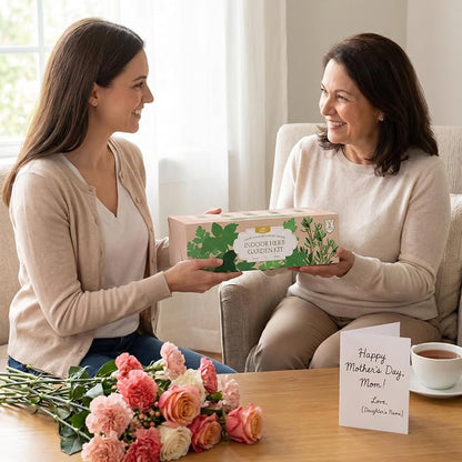 Indoor Herb Garden Starter Kit, Unique Gifts 5 Herb Garden Planter Indoor Kit with Wooden Box Including Basil, Cilantro, Thyme, Parsley, Mint, Fresh Herb Garden, Gardening Gifts for Women
