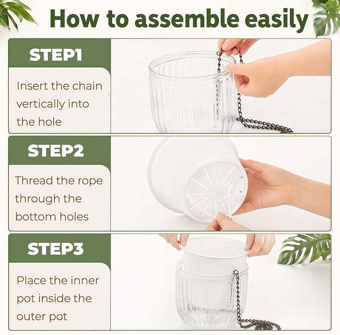 Pumtus 3 Pack Hanging Planters for Indoor Plants, 6.5 Inch Self Watering Flower Pot with Drainage Hole, Plastic Hanging Basket with 3 Hooks Chains, Plant Holder for Outdoor Plants, Herbs (3 Colors)