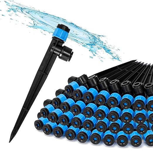 Bonviee 40-Pack 1/4-Inch Quick-Connect Adjustable Drip Emitters, Vortex | Push-to-connect stakes provide adjustable 360-degree watering for pots, lawns, vegetable beds, and garden layouts.