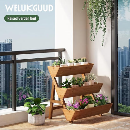 3-Tier Vertical Wooden Raised Garden Bed, Freestanding Garden Planter Box, Wood Flower Rack, Planter Box for Herbs, Vegetables, Outdoor Indoor Use, Large-Brown