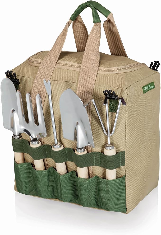 PICNIC TIME Disney Minnie Mouse Gardener Folding Seat with Tools, Folding Garden Stool with Detachable Tote and 5 Piece Hand Tool Set Organizer, (Olive Green with Beige Accents)
