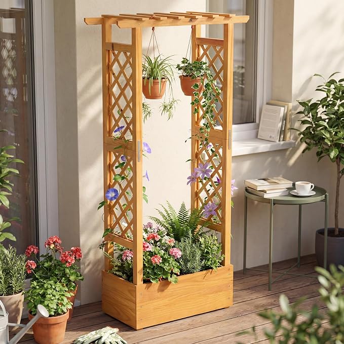Happygrill 60" Raised Garden Bed with Trellis, Wood Planter Box w/Hanging Roof, 2 Side Trellises, Open-Ended Base for Flower, Climbing Plant, Plant Container for Garden