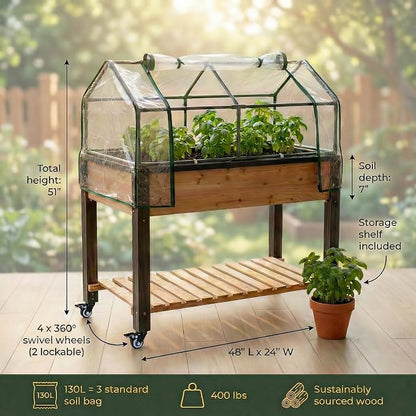 GOJ Raised Garden Bed Wood 48x24x32 inch with Greenhouse & Lockable Wheels - Elevated Wood Planter Box for Outdoors Vegetable Flower Bed Herb Planter - 400 lbs Capacity
