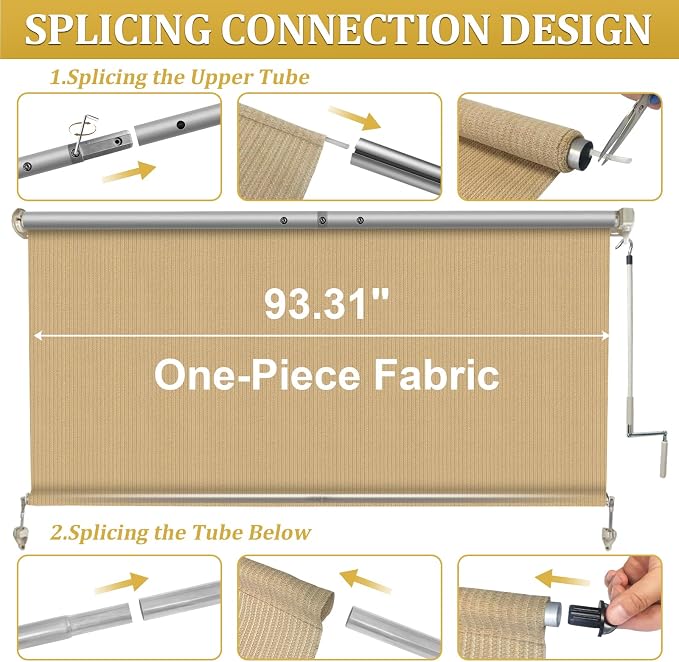 Shade&Beyond Outdoor Roller Shades with Splicing Design, 8' W x 8' H Cordless Patio Roll Up Blinds, Exterior Shade Cloth Roll for Porch, Gazebo, Pergola, Balcony, Wheat
