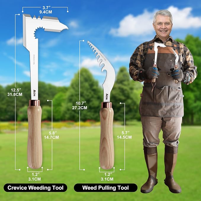 AON 2-Pack Crack Weeder & Root Remover Tool Set for Patios and Gardens | Heat-Treated, Rust-Resistant Steel Resists Bending and Breaking, Ergonomic Ash Wood Handles Offer a Comfortable Grip