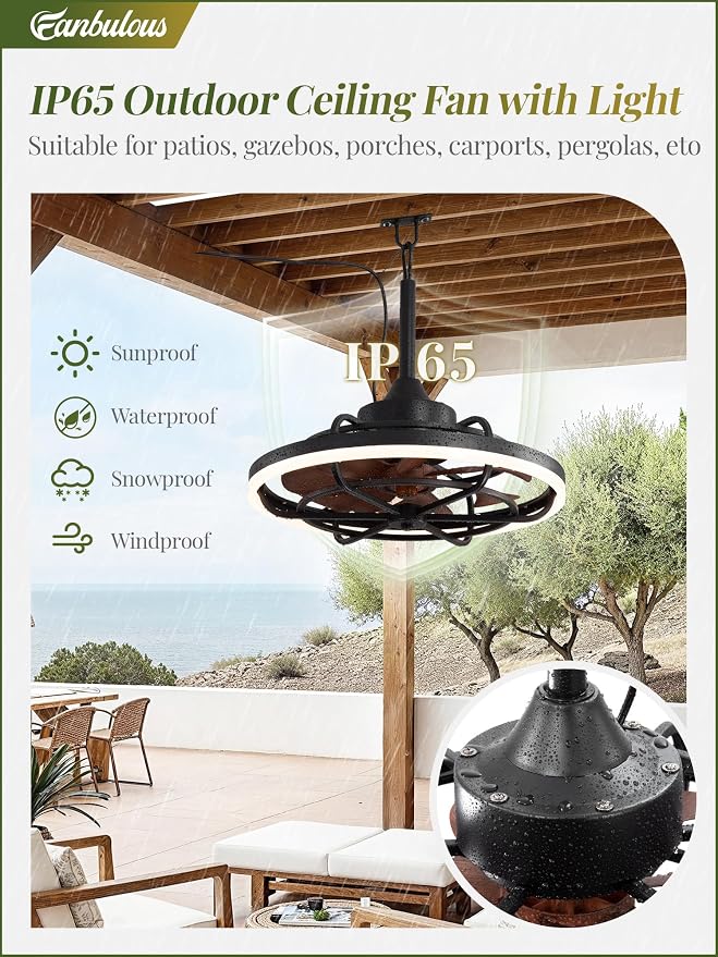 Fanbulous Outdoor Ceiling Fans with Light for Patios, 20" Weatherproof Plug in Ceiling Fan, Gazebo Fan Remote&APP Control, 3CCT Dimmable,Caged Ceiling Fan with Hanging Hook for Porch, Pergola,Canopy