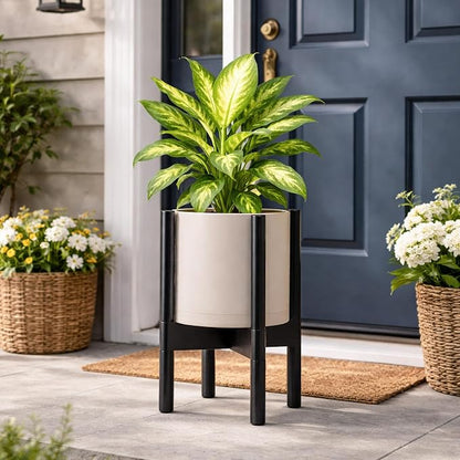 D'vine Dev Plastic Pot with Ebony Wood Stand, Oatmeal, 8 in, 55-C-K-4 | Mid-Century Inspired Design, Elevated Plant Display, Clean Lines, Sturdy Support, Modern Space-Saving Style