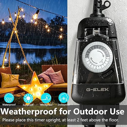 G-ELEK Mini Compact Outdoor Mechanical Timer Outlet Weatherproof, 24 Hour 30 Minute Interval, 2 Grounded 3 Prong Outlets, Space Saving Waterproof Plug in Timer for Lights Holiday Decor, 15A ETL Listed