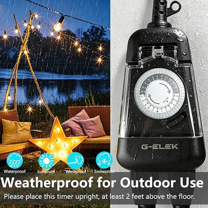 G-ELEK Mini Compact Outdoor Mechanical Timer Outlet Weatherproof, 24 Hour 30 Minute Interval, 2 Grounded 3 Prong Outlets, Space Saving Waterproof Plug in Timer for Lights Holiday Decor, 15A ETL Listed