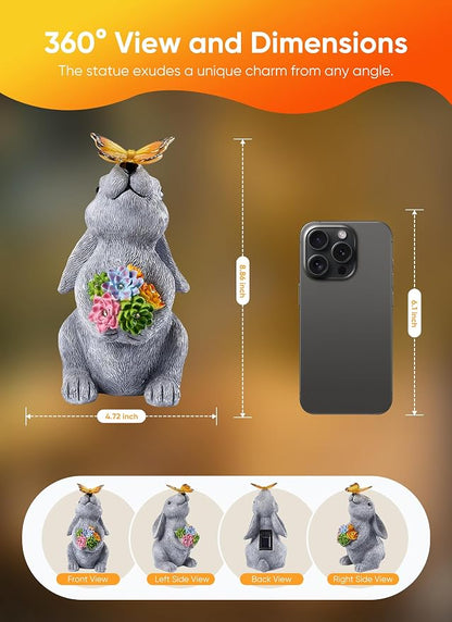 Brightown-Solar-Rabbit-Garden-Decor-Statue with 6 LED Lights, Hand-Painted Resin, IP65 Waterproof Outdoor Decor for Patio, Lawn & Yard Decorations, Unique Mothers Day Gifts for Mom Women
