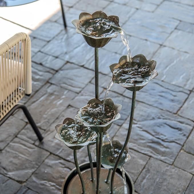 XBrand 35" Tall Silver Metal Sculptural Flower Multi-Tier Freestanding Water Fountain for Indoor & Outdoor Use, Decorative Garden Patio Backyard Water Feature