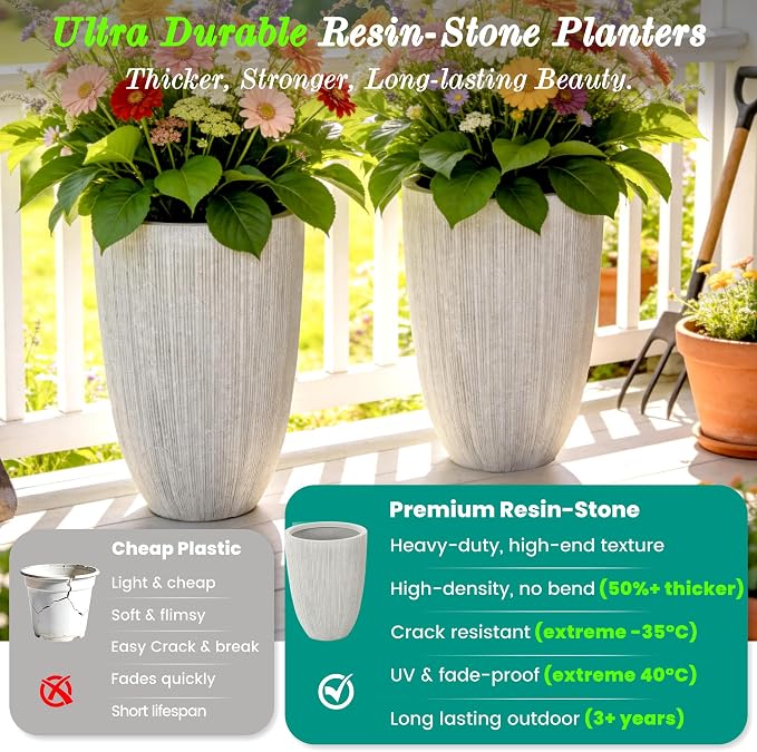 19" Mediterranean Beige Resin Tall Planters with Fluted Texture | Set of 2 resin tall planters with beige fluted texture, drainage plugs, and UV-resistant finish for porch, patio, or indoors