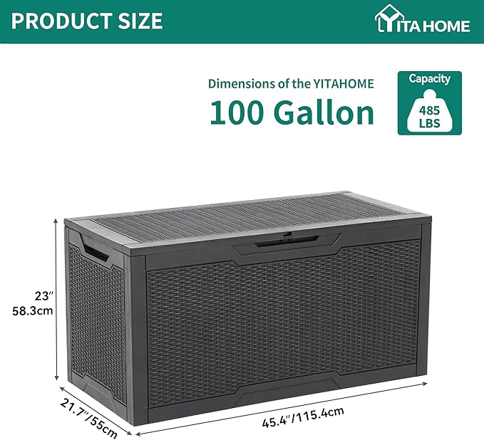 YITAHOME 100 Gallon Resin Deck Box | Weather Resistant Outdoor Storage Box, Lockable Indoor Outdoor Storage for Supplies and Essentials, Dark Gray
