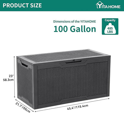 YITAHOME 100 Gallon Resin Deck Box | Weather Resistant Outdoor Storage Box, Lockable Indoor Outdoor Storage for Supplies and Essentials, Dark Gray