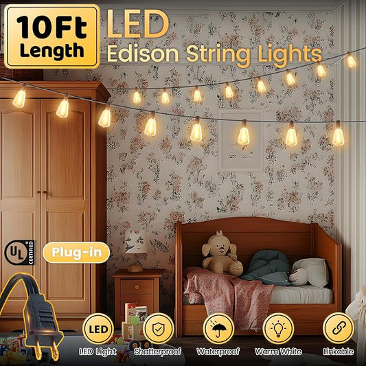 10FT Outdoor String Lights - LED Waterproof Patio Lights with Shatterproof ST38 Edison Plastic Bulb, Connectable Hanging Lighting for Outside Indoor Backyard Yard Gazebo Porch Party Decor - SOLROS
