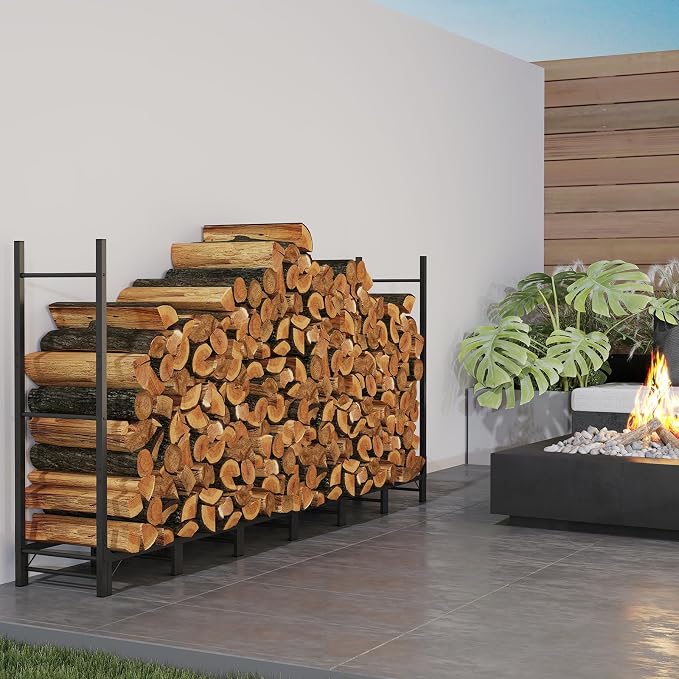 C-Hopetree 8Ft Outdoor Indoor Firewood Rack, Adjustable Metal Log Holder for Fireplace, Heavy Duty Wood Pile Storage Organizer Stacker Stand, Black