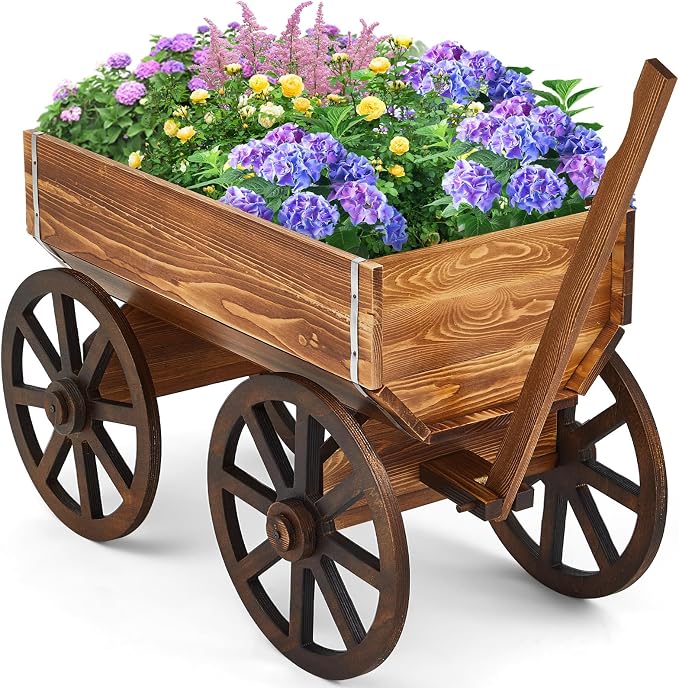 Beeveer Wooden Wagon Flower Planter Cart Garden Planter Box with Wagon Wheels Cart for Home Garden Outdoor Balcony Decorative, Patio Flowers Herbs Vegetables, Brown 29.5 x 17(Elegant)