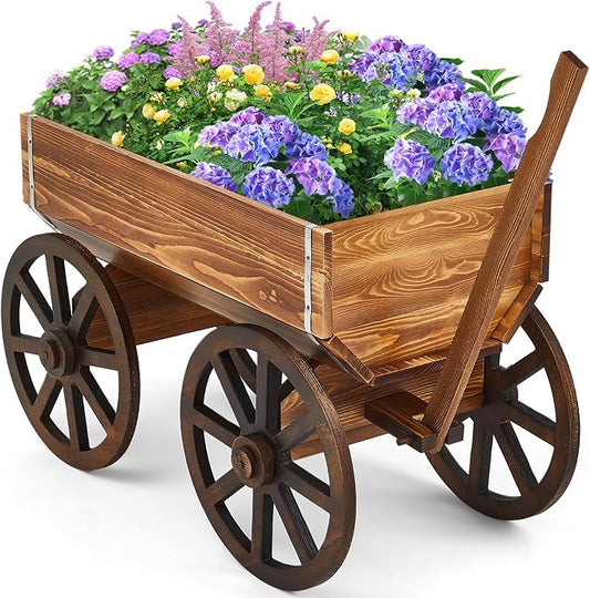 Beeveer Wooden Wagon Flower Planter Cart Garden Planter Box with Wagon Wheels Cart for Home Garden Outdoor Balcony Decorative, Patio Flowers Herbs Vegetables, Brown 29.5 x 17(Elegant)