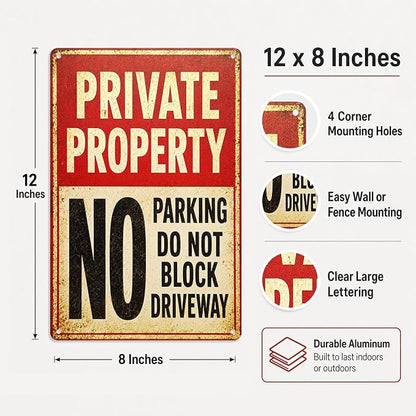 Private Property Tin Sign, 12 x 8 Inch No Parking Aluminum Metal Wall Decor, Do Not Block Driveway Notice Sign for Garage, Gate, Fence, Carport