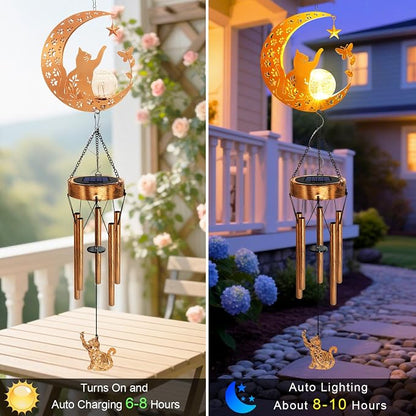 2Pack Solar Moon Cat Wind Chimes, Cat Lover Gifts for Mom Women Men Birthday Mothers Day, Hanging Outdoor Decor Cracked Glass Ball Memorial Large Wind Chimes for Garden Yard Patio Porch