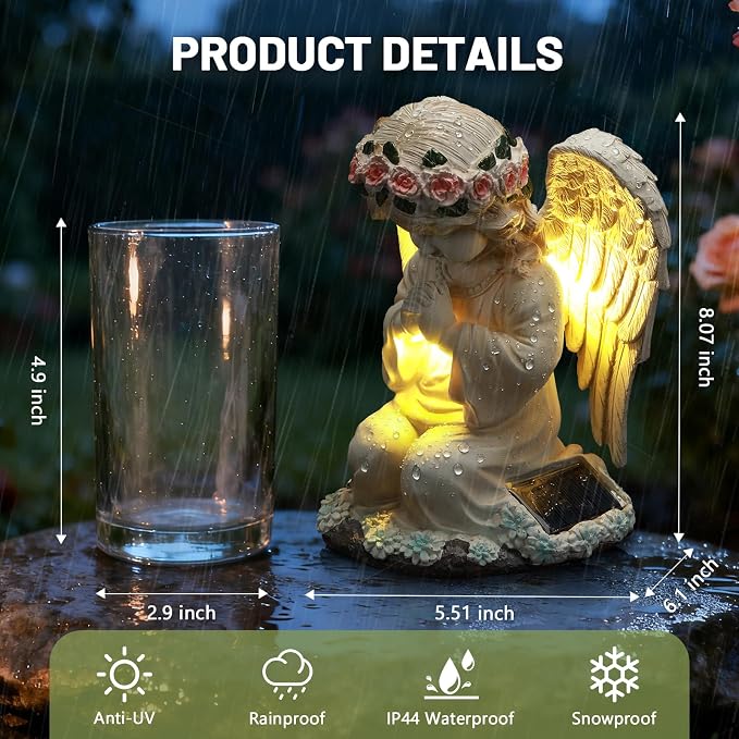 Solar Angel Garden Statue, Outdoor Decor, Cemetery Decorations for Grave – Praying Angel Figurines with LED Light for Outdoor Lawn, Yard, Patio Decor, Memorial Gifts for Women, Mom and Grandma