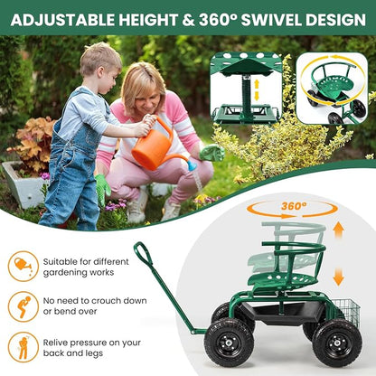 ERGOMASTER Rolling Garden Seat with Wheels, Adjustable 360° Swivel Workseat and Storage Basket, Extendable Handle, Outdoor Gardening Wagon Scooter, Green