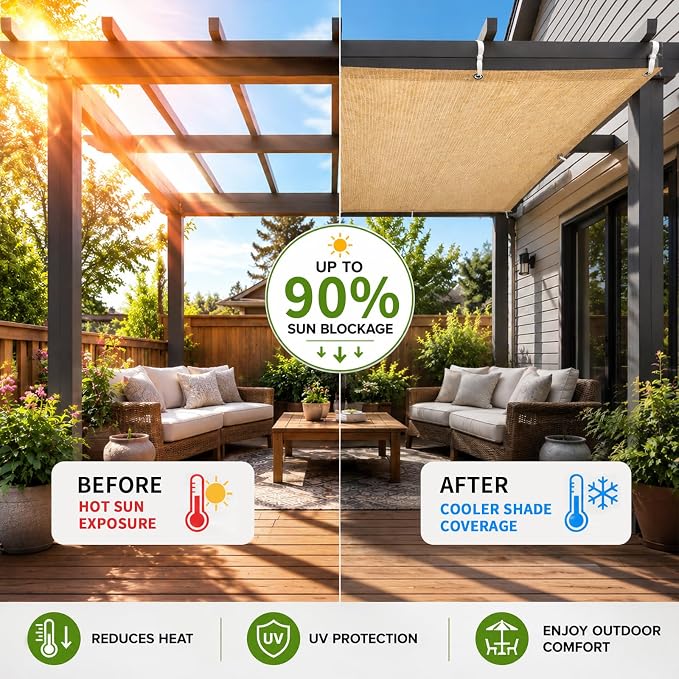 90% Outdoor Sun Shade Cloth, 8' x 10', Pergola, Deck, and Backyard Patio Sunshade with UV Protection, Heat Resistant HDPE Material, Reinforced Grommets (8x10 FT, Wheat)